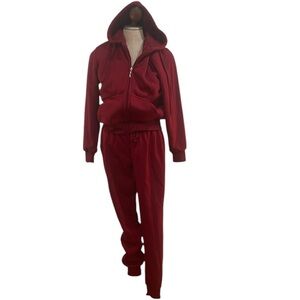 Burgundy tracksuit matching athletic pants hoodie fleece lined cotton womens S